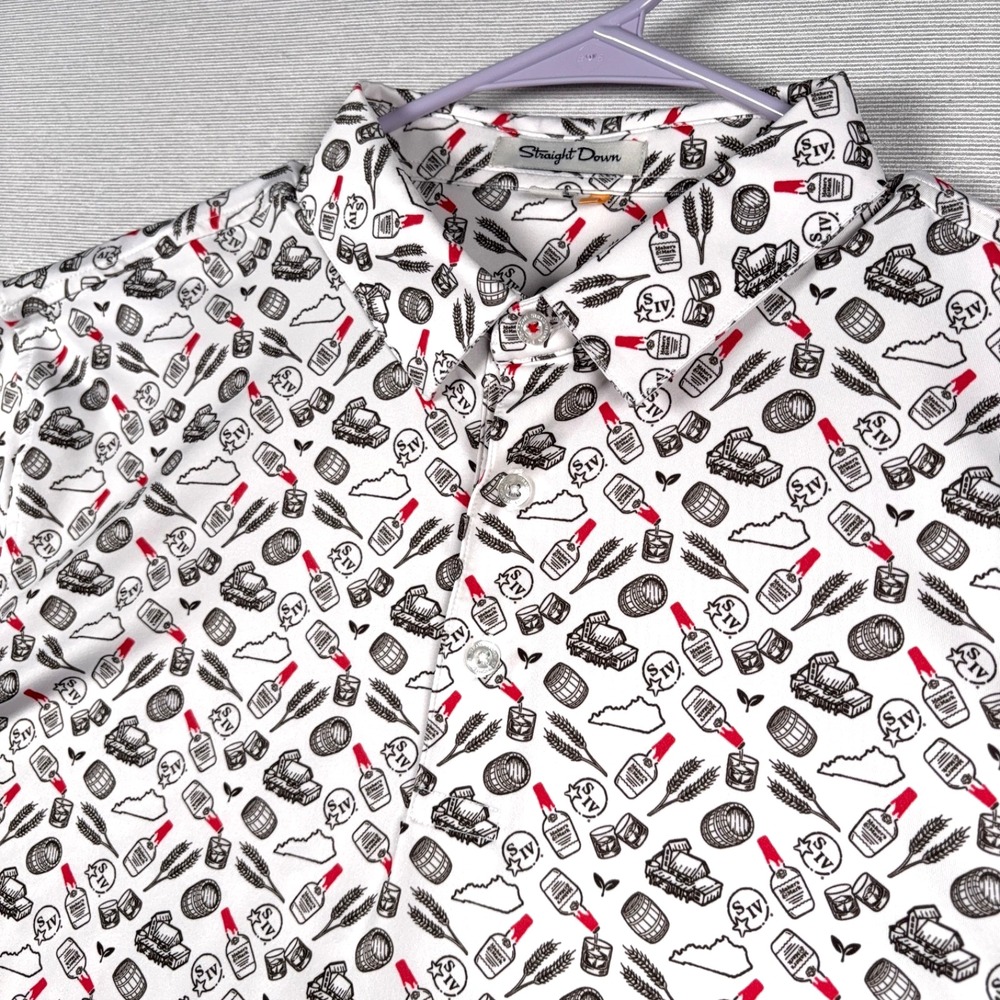 Straight Down Polo Shirt Mens Size L White Black Red Poly Spandex Short Sleeve